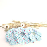 traditional cotton scrunchies pale blue and little flowers, Dimensions 10.5cm approx. £3.50 each plus postage.