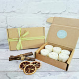 Natural Citronella, lemongrass and sweet vanilla Essential oils, soy tea lights, burn time 5, 6 hours each tea light, box of 6, £ 6.50 plus postage. 
