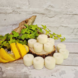 Natural Citronella, lemongrass and sweet vanilla Essential oils, soy tea lights, burn time 5, 6 hours each tea light, box of 12, £ 11.00 plus postage. 